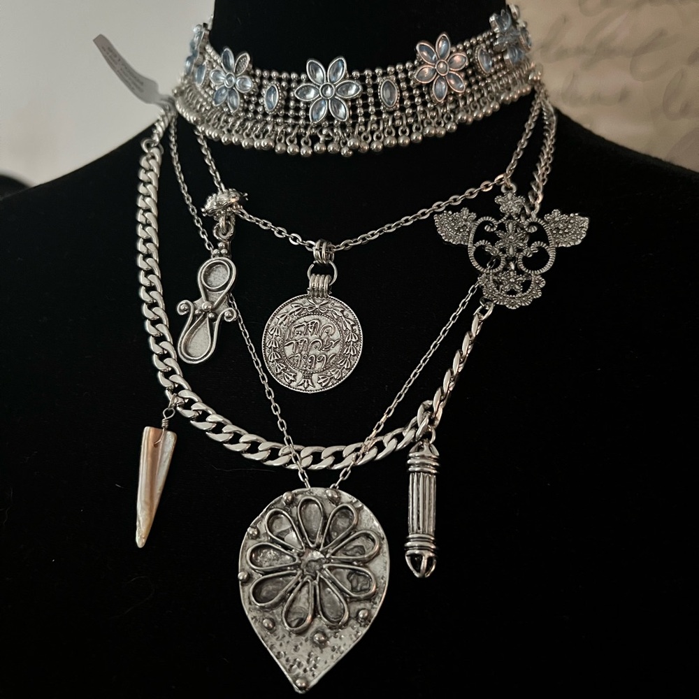 Free People Silver Multi-Layered Charm Necklace Set